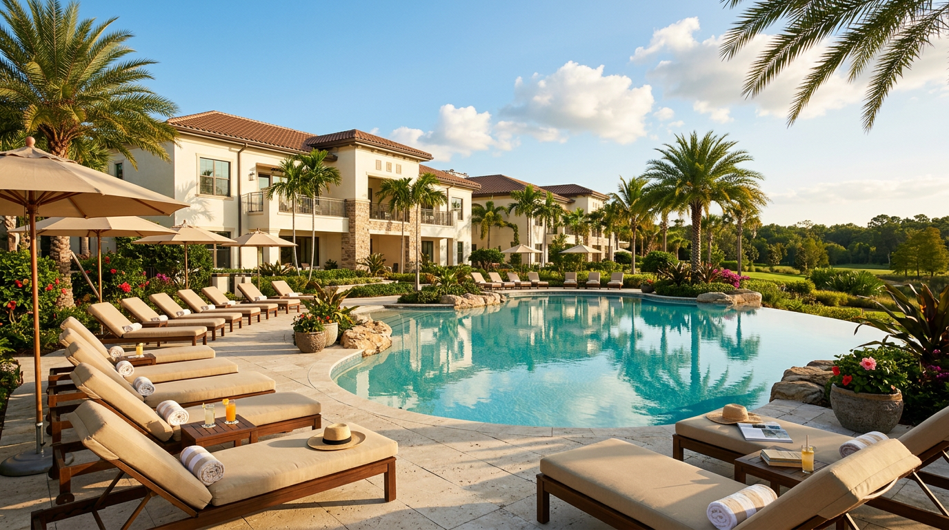 Sunny resort pool surrounded by palm trees and lounge chairs