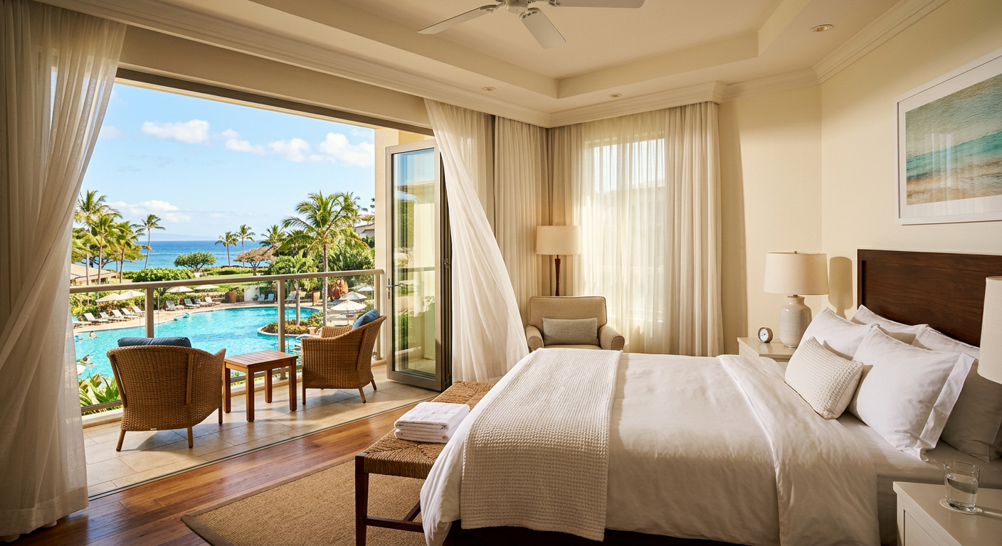 Sunlit resort room with a balcony overlooking palm trees